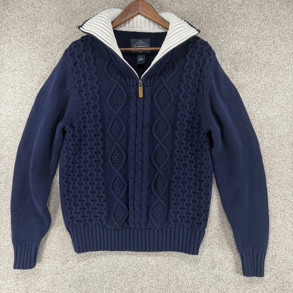 St John's Bay 1/4 Zip Chunky Cable Knit Navy Blue Sweater Mens M Cozy Acedamia